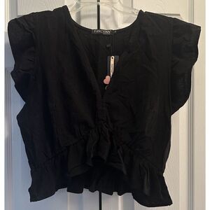 Fancyinn Black V Neck Plunge Ruffle Crop Top Shirt Size Large NEW
